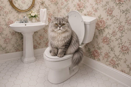 persian cat sitting on toilet going to the bathroom on The Cat Throne